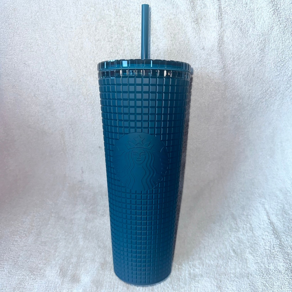 NWT 2022 Starbucks Tumbler Navy Blue Teal Soft Grid Cold Cup Venti 24oz W/Straw